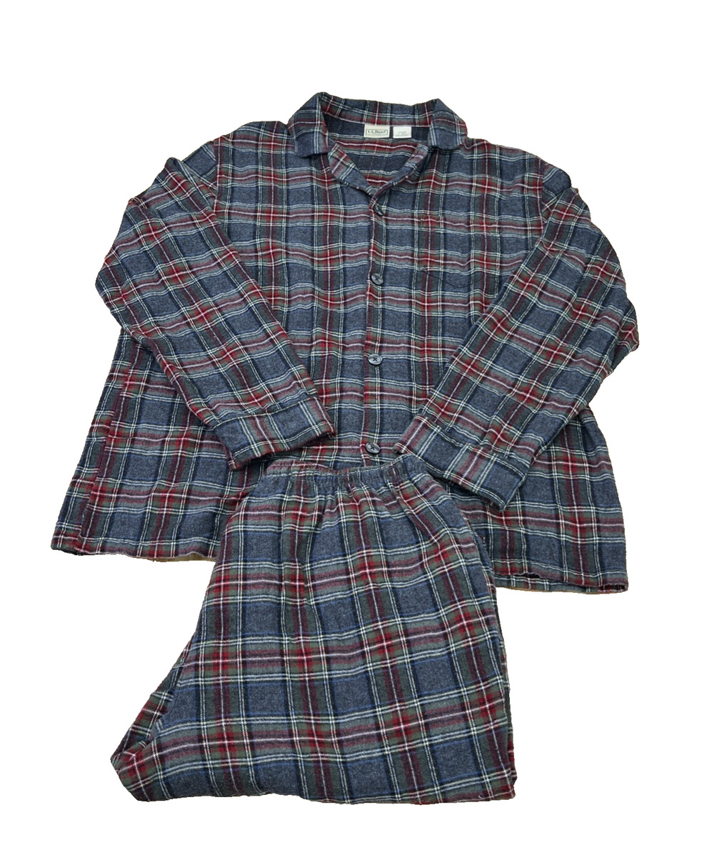 LL Bean Scotch Plaid Flannel 2 Piece Pajama Set Cotton Mens Large Tall Gray Red